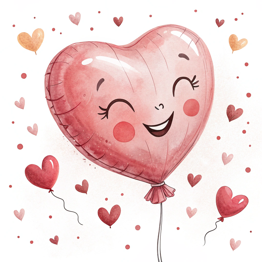 A heart balloon with a cute face drawn on it, smiling or winking, with small rosy cheeks.