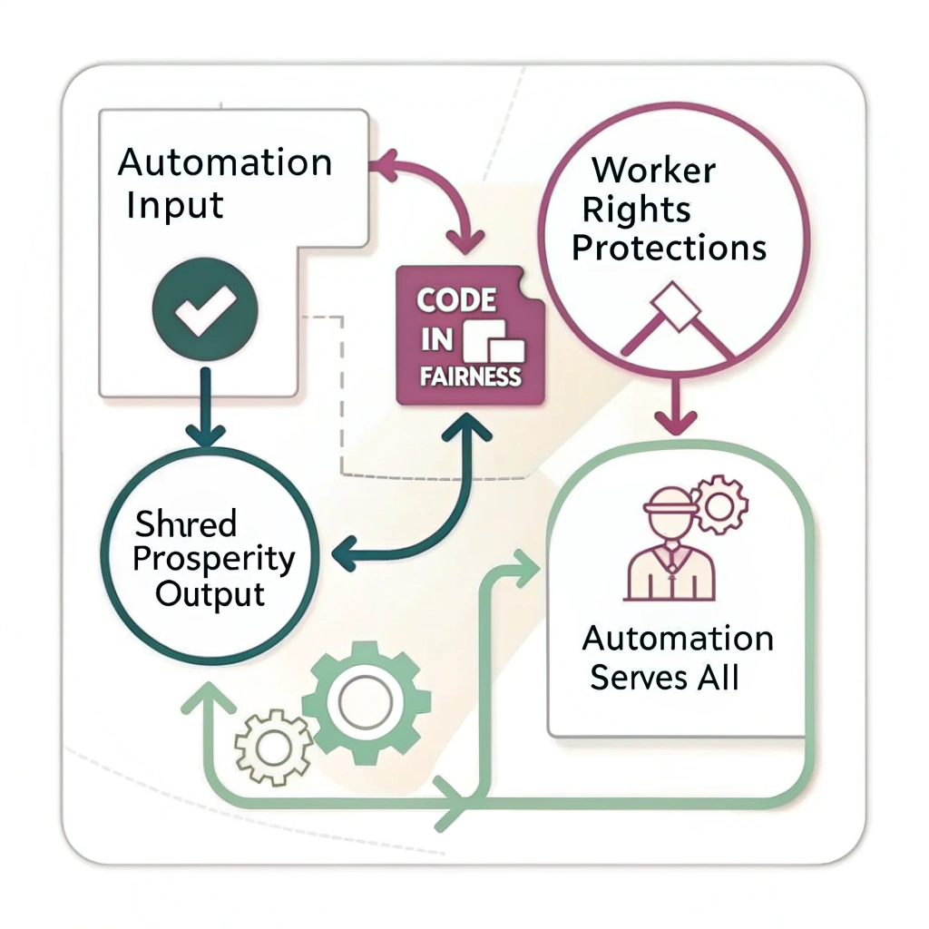 The Algorithm of Fairness: A stylized flowchart where 'Automation Input' combined with 'Worker Rights Protections' leads to 'Shared Prosperity Output'. Text suggestion: 'Code in Fairness' or 'Automation Serves All'.