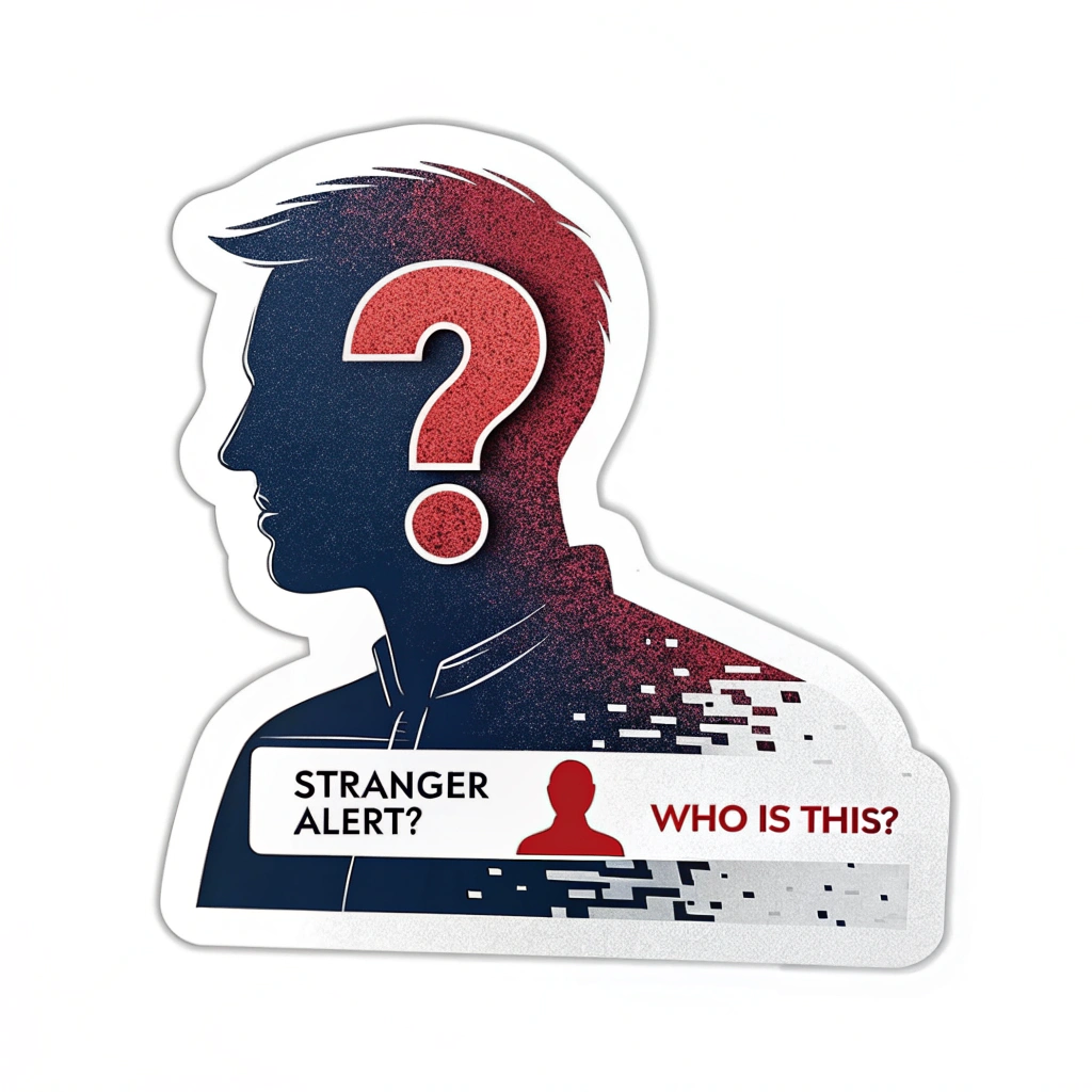 Shady Profile Alert Sticker: A social media profile avatar (silhouette or generic) overlaid with a bold red question mark or a digital glitch effect. Optional concise text like 'Stranger Alert?' or 'Who is this?' could be included. This design aims to make users cautious about unknown or suspicious online profiles.