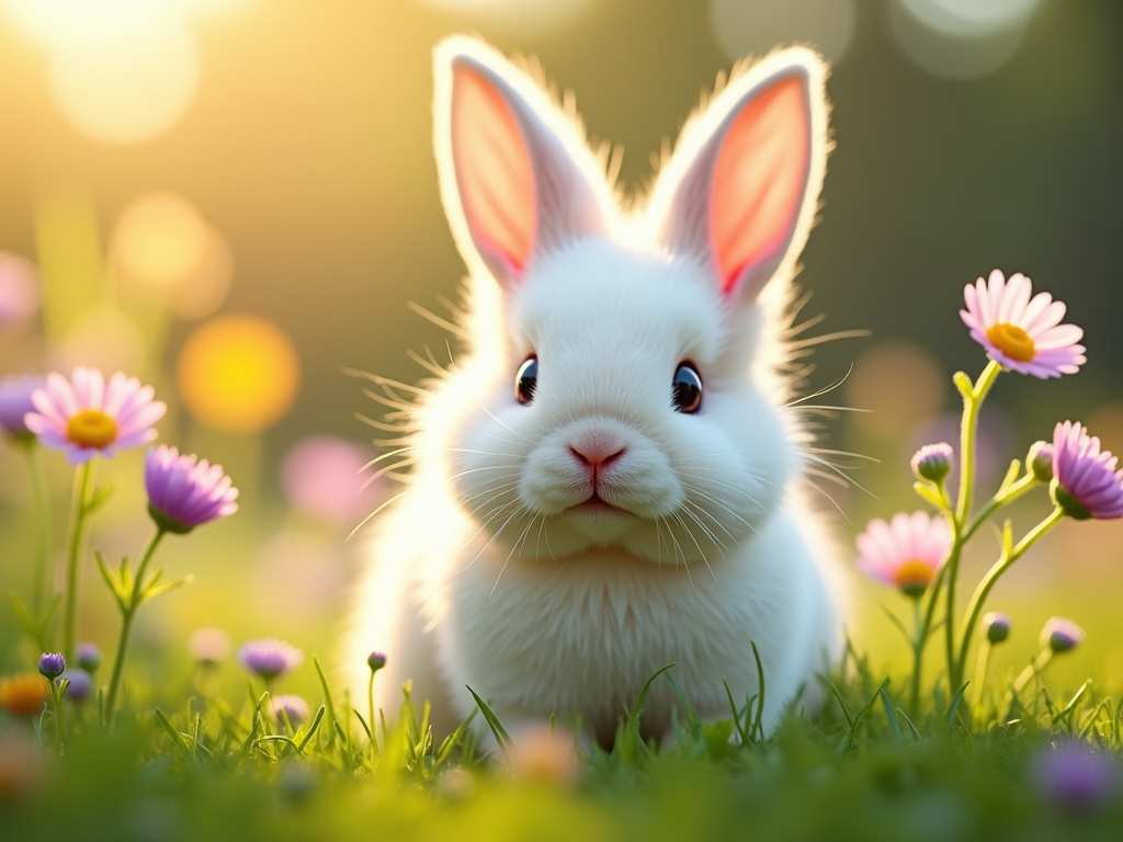 The image is a close-up of a white rabbit sitting in a field of green grass. The rabbit has pink ears and is looking directly at the camera with a curious expression. The background is blurred, but it appears to be a garden or meadow with pink and purple daisies scattered throughout. The sun is shining brightly in the top right corner of the image, creating a warm glow. The overall mood of the photo is peaceful and serene.