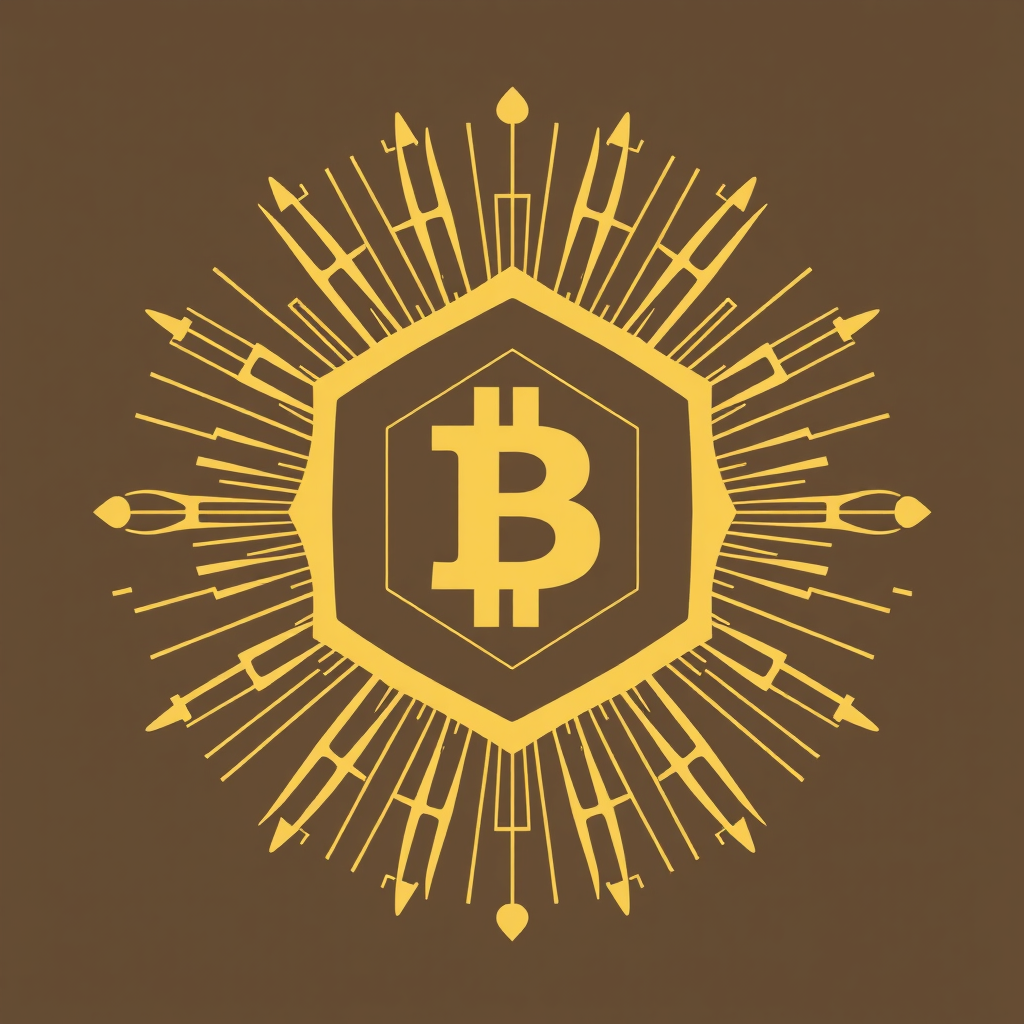 Geometric Core with Radiating Elements: Features a strong, central geometric shape (e.g., hexagon, octagon) symbolizing stability and the core of Bitcoin. Symmetrical lines or geometric elements radiate outwards, suggesting growth, influence, and Bitcoin's network effect. The core could subtly incorporate '2025' or a minimalist 'B'. Security is conveyed by the solid core, while sharp lines and ample space ensure a minimalist aesthetic.