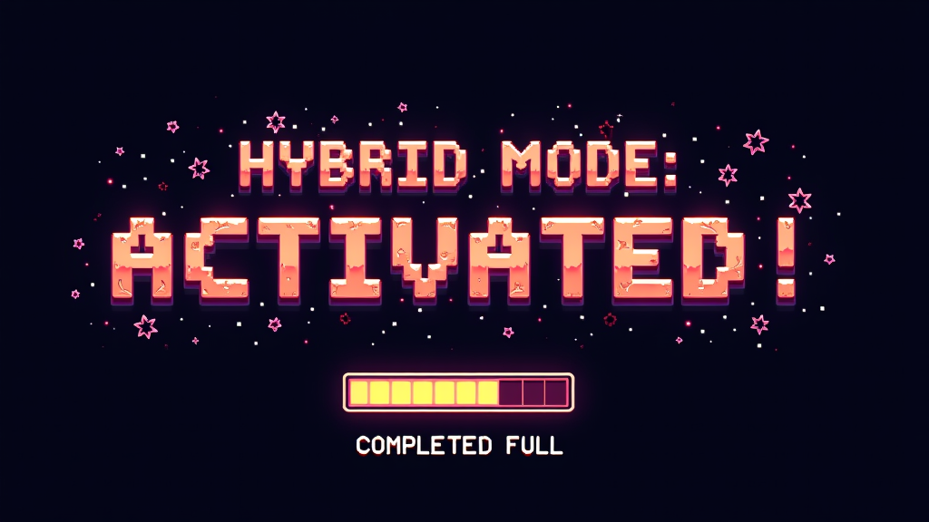 Text 'Hybrid Mode: Activated' designed like a retro video game 'Level Up' or 'Mode Unlocked' notification, with pixelated fonts and glowing effects. Maybe a small loading bar that is full.