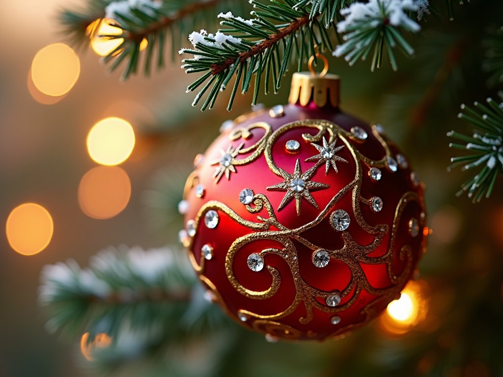 An intricately designed Christmas bauble, with a glossy red surface, adorned with elegant golden swirls and tiny glistening gemstones. The bauble is captured hanging gracefully from a fir branch with a few snowflakes gently resting on it, reflecting the warmth of twinkling lights in the background.