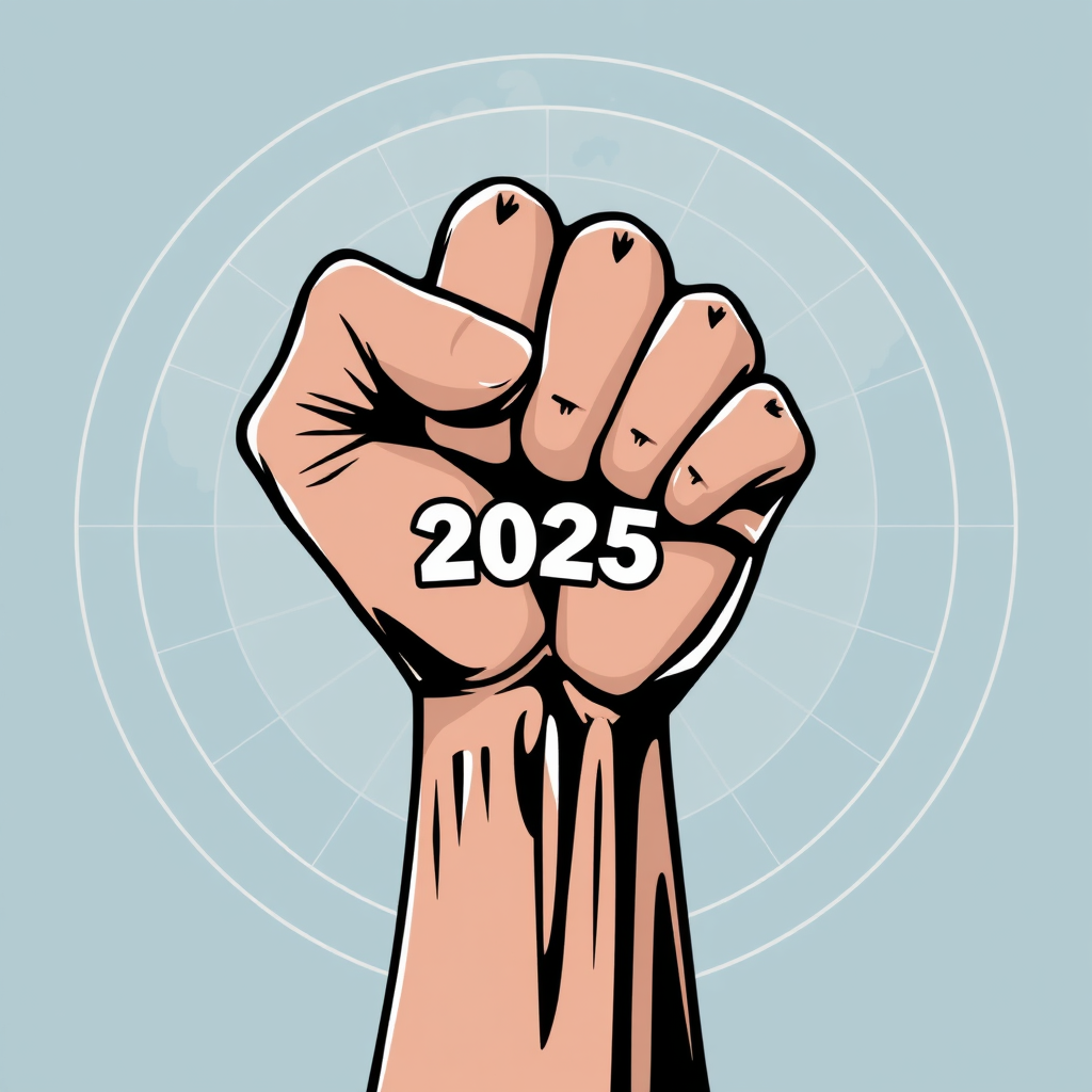 Sub-design Idea 1: A central, powerful fist composed of multiple, diverse hands interlacing to show unity. The year '2025' is integrated into the wrist or arm, with subtle lines representing global latitudes and longitudes in the background.
