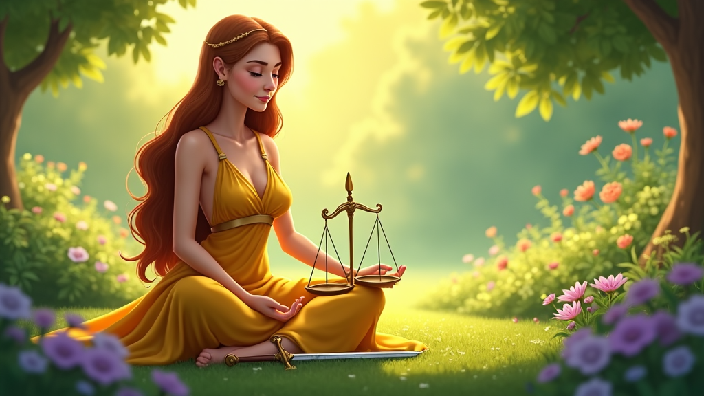 Cartoon image of Lady Justice seated cross-legged, meditating, with scales and sword beside her, emphasizing the importance of mindfulness and peace in judicial decisions.