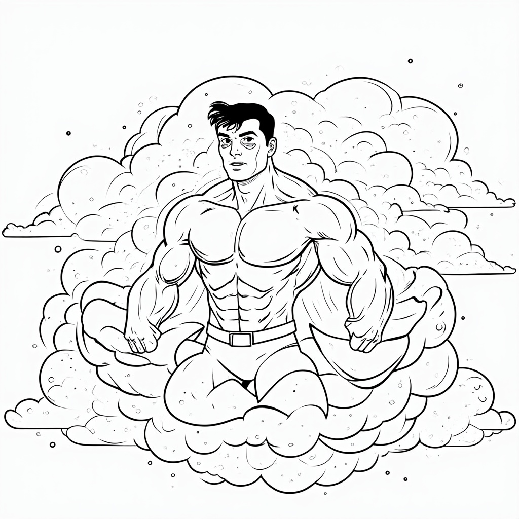 Breaking Through: A close-up view focusing on the superhero's upper body bursting through a large cloud, with cloud particles scattering around them. Emphasizes power and emergence.