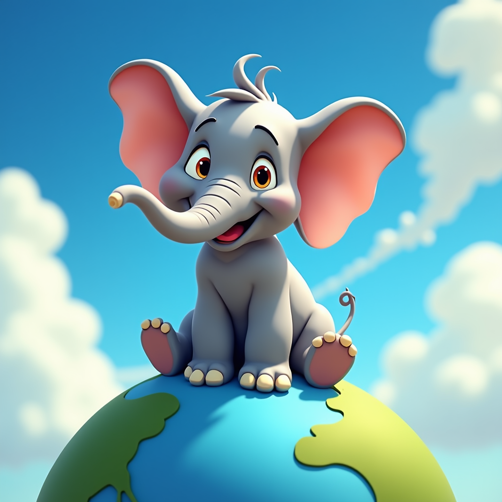 A friendly elephant character, with small tusks and a big smile, sitting atop a globe, representing the world it's eager to see.