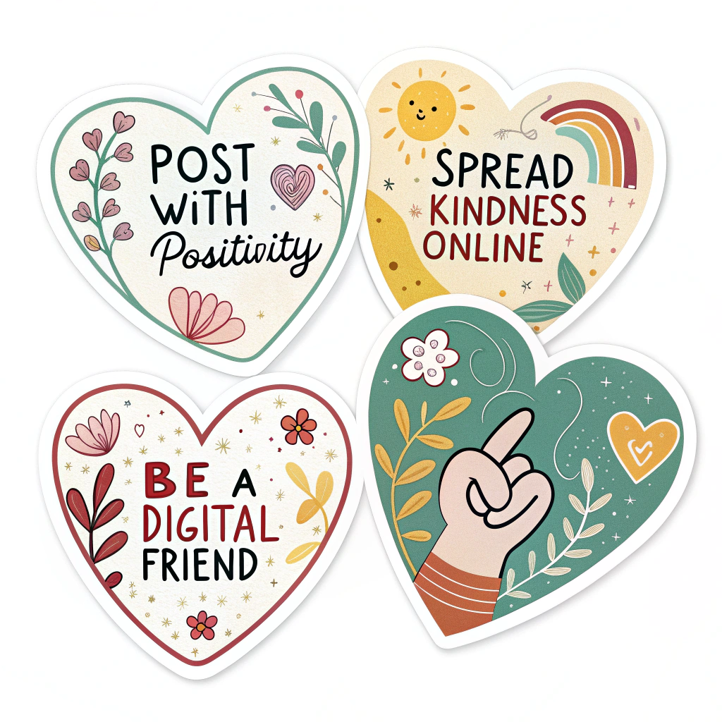 A collection of stickers with hearts displaying short, encouraging messages like 'Post with Positivity,' 'Spread Kindness Online,' or 'Be a Digital Friend.' Use bright, friendly fonts and cheerful colors.