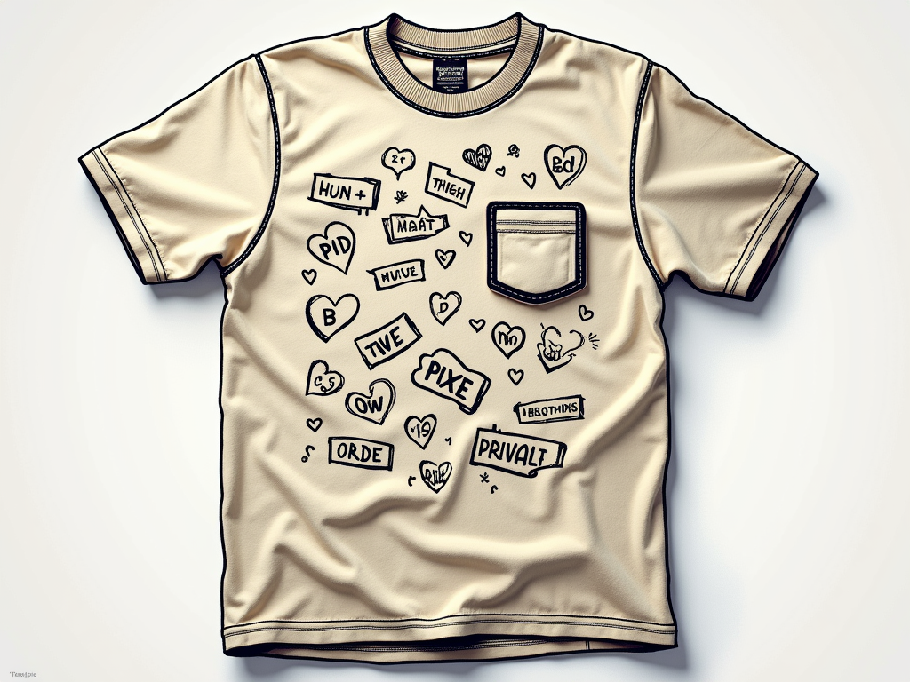 Faux Trapper Pocket Panel: A design that mimics the front flap or a section of a Trapper Keeper on the T-shirt, perhaps with a printed graphic of a clear pocket or a Velcro snap. Doodles like fictional band names (e.g., 'Pixel Pirates'), hearts with initials, and peace signs would be concentrated on or appear 'tucked into' this panel.