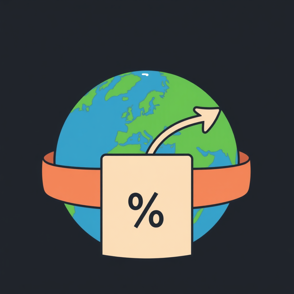 Globe with a distinct barrier: A clear, simplified barrier (e.g., a toll gate arm or a section of a wall) is shown partially encircling a globe. An arrow indicating trade is depicted as being halted or diverted by this barrier, with a '%' sign on the barrier.