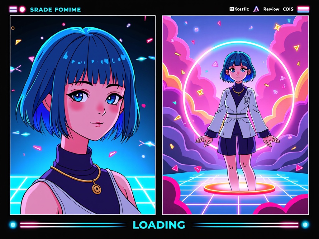 Digital Dream Dive: Illustration depicting a character connected to a cyber-dream interface. One panel shows their serene physical form, while another reveals their dynamic avatar exploring a surreal, vibrant, and fantastical digital dreamscape. The event logo could appear as a loading screen or gateway within this dream.