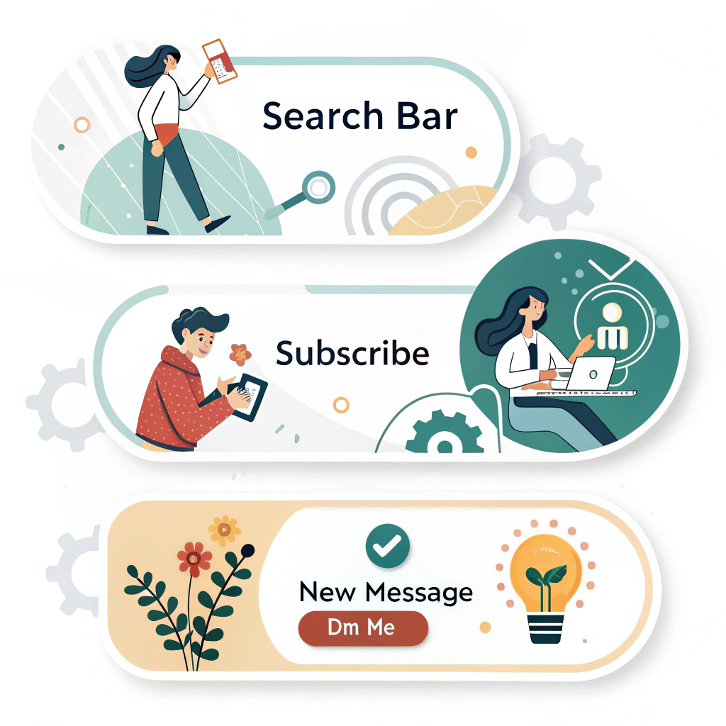 Interactive-Look Mimicry CTAs: Stickers that visually emulate native app UI elements to intuitively guide users. Examples: a 'search bar' for product discovery CTAs, a 'toggle switch' for 'subscribe,' or a 'new message' badge for 'DM me'.