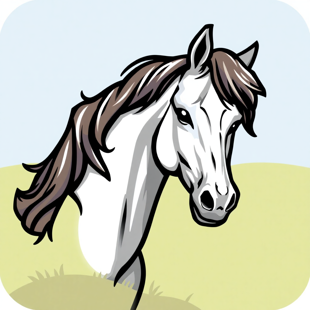 The image is a digital illustration of a white horse with a brown mane and tail. The horse is standing on a grassy field with a blue sky in the background. Its head is turned slightly to the side and its eyes are looking towards the right side of the image. Its mane is flowing in the wind and its tail is flowing behind it. The overall style of the illustration is simple and cartoon-like.