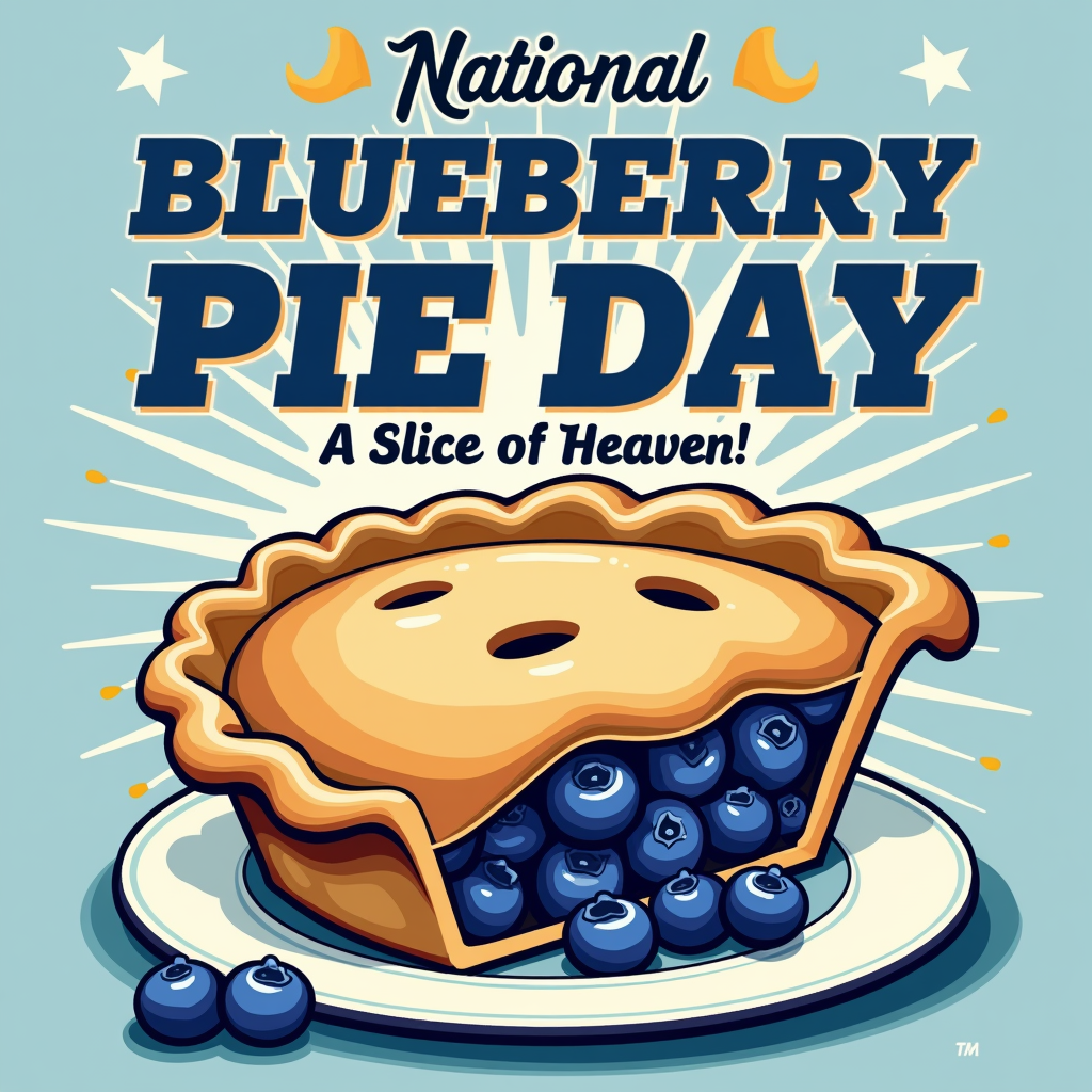 A design centered around a stylized, simplified graphic of a whole blueberry pie viewed slightly from above. Incorporate classic 1950s diner elements like boomerang shapes or starbursts in the background. Text: 'National Blueberry Pie Day - A Slice of Heaven!' in a bold, kitschy 50s font.
