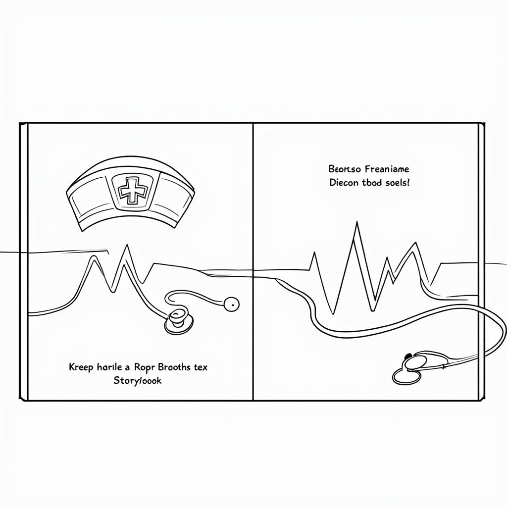 A design featuring a large, openable storybook. On one page, a detailed nurse's cap is a central illustration. On the facing page, a stethoscope is laid out. The heartbeat line could be the 'text' lines on the page or a magical trail connecting the two symbols.