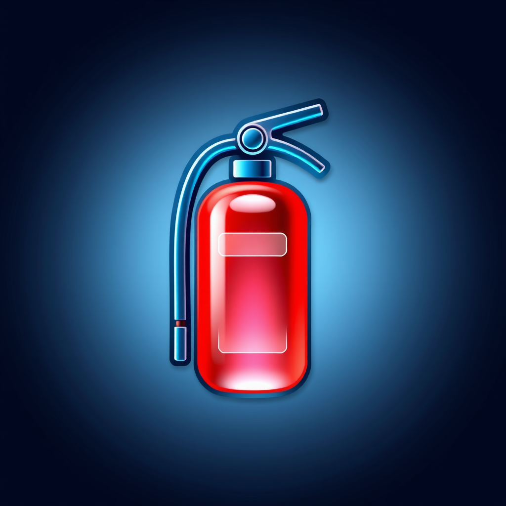 A fire extinguisher icon with a gradient to simulate a 3D effect, incorporating a subtle shine to give a modern feel.