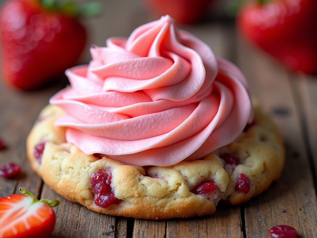 A cookie with a light brown base and chunks of dried strawberries, with a prominent double swirl of pink frosting on top.