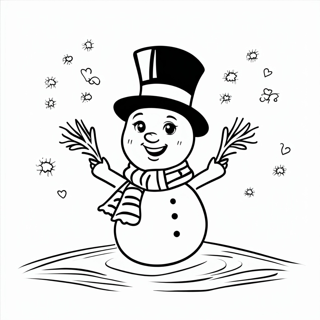 The image shows a snowman with a top hat and scarf, holding a carrot in its hand, against a white background. The snowman is sketched in black and white, making it a perfect Christmas coloring page for kids.