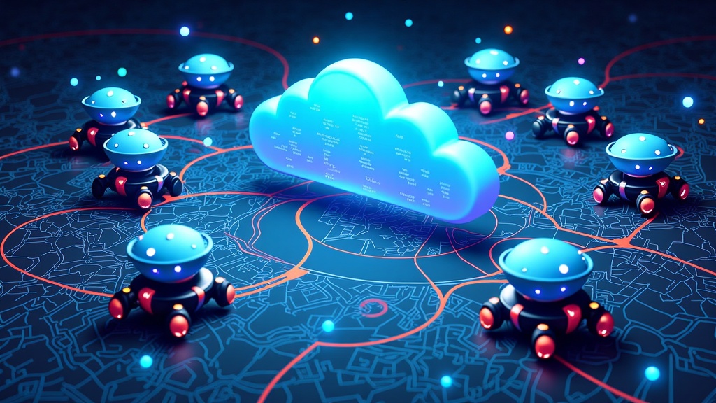 A central data cloud or command center visualizing real-time communication and coordination with multiple robotaxis across a city map, showcasing data streams, decision-making processes, and efficient fleet management.