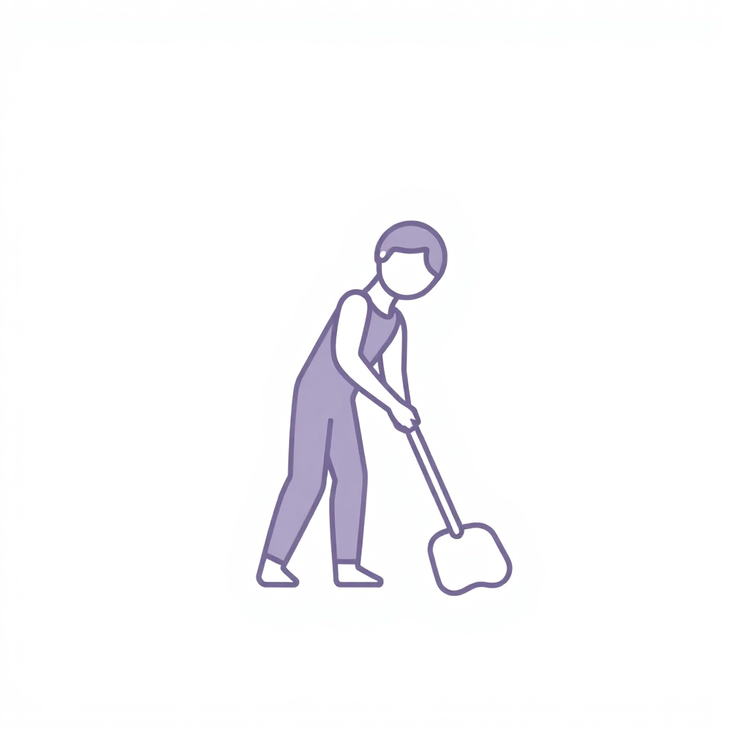 The image is a line drawing of a person sweeping the floor with a broom. The person is wearing a sleeveless shirt and pants and is holding the broom with both hands. The broom is long and thin, with a handle on one end and a scoop on the other end. The background is plain white. The image is simple and minimalistic, with no other elements or details.