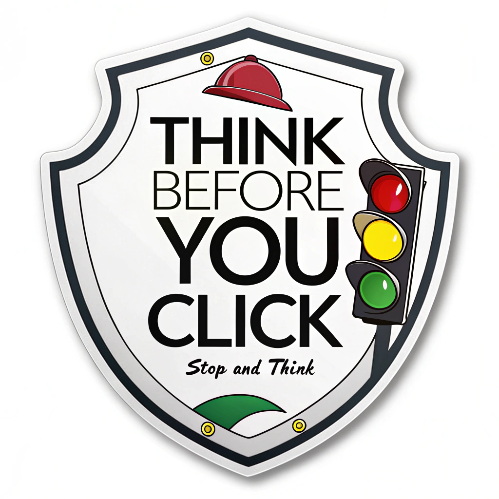 Sub Design Idea 4: A shield with a traffic light motif (Red, Yellow, Green lights). The Red light is illuminated, with the 'Think Before You Click' message. This visually cues 'Stop and Think' before proceeding.