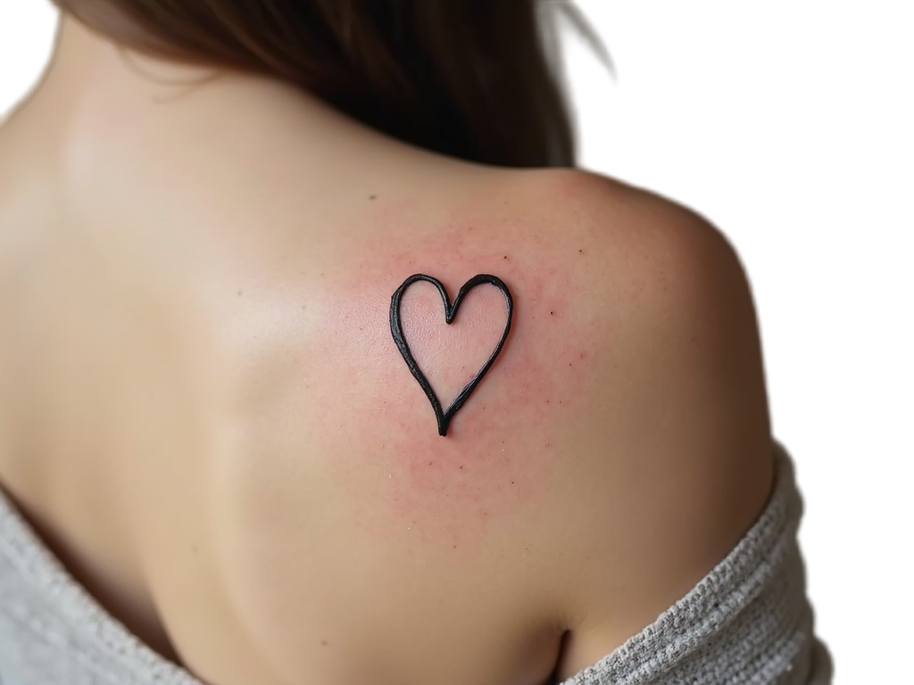 A minimalist heart tattoo on the shoulder blade in black ink, perfectly encapsulating love and simplicity, surrounded by the natural curves of the body.