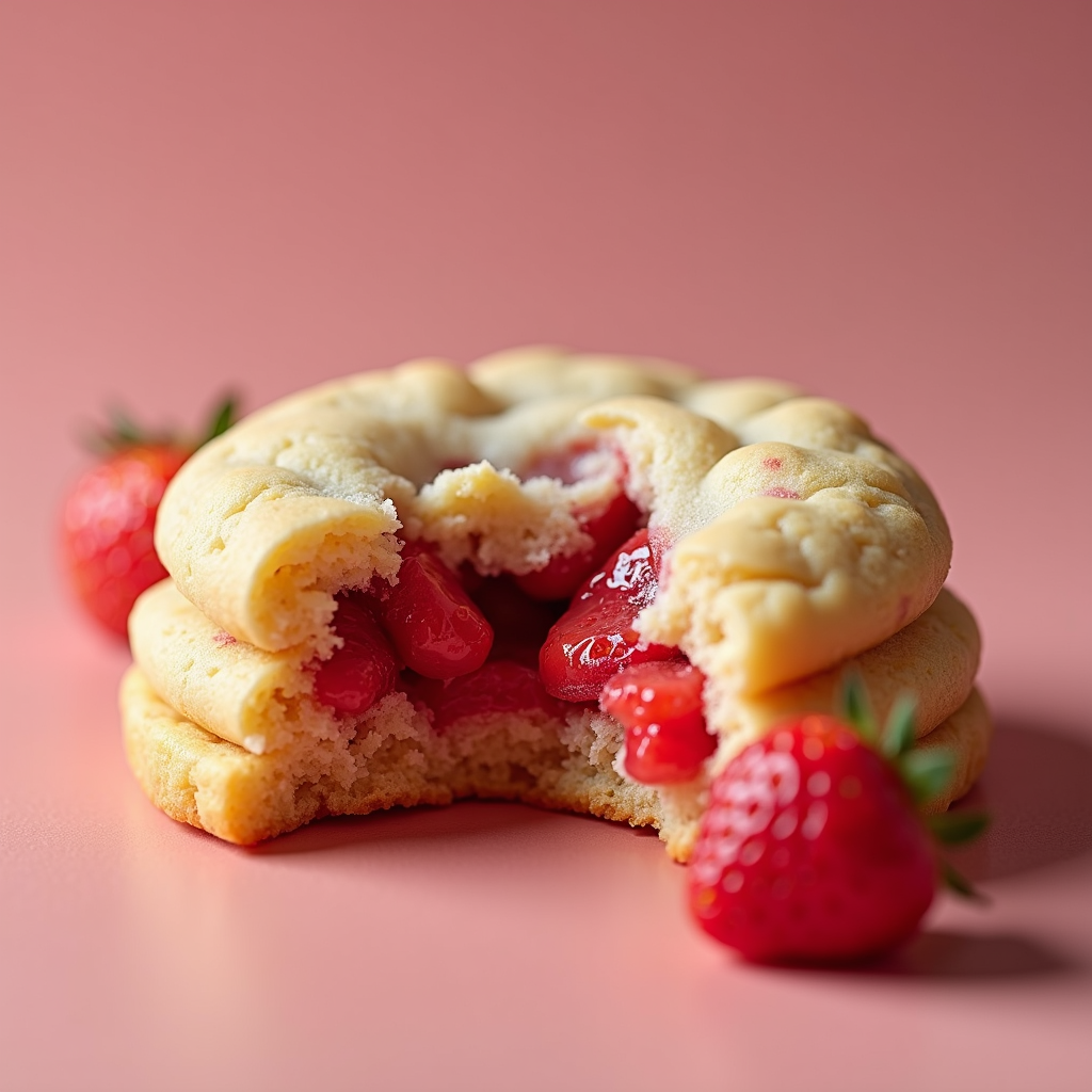 An icon depicting a bitten cookie with a clear view of strawberry chunks, using a color palette of light tans and bright reds. The bite should give a sense of the cookie's soft and chewy texture.