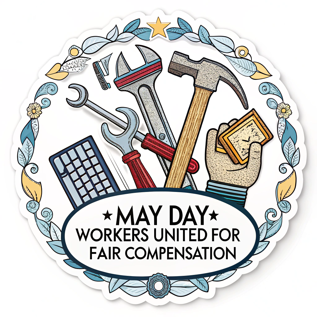United Worker Tools Symbol: A design featuring various worker tools (hammer, wrench, pen, keyboard) arranged in a circular, united emblem. Text could be 'May Day: Workers United for Fair Compensation!' This highlights solidarity across different labor sectors.