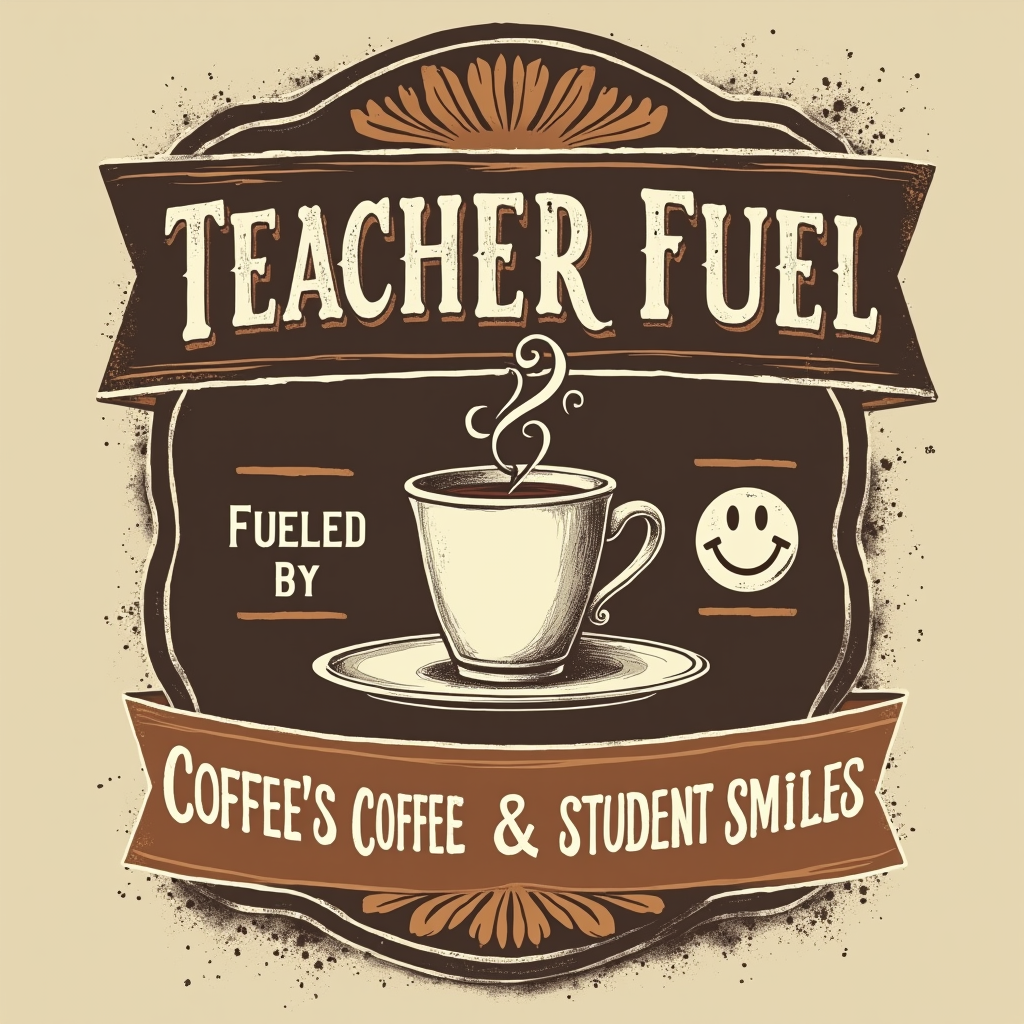 Vintage Coffee Shop Aesthetic: Use retro fonts for 'Teacher Fuel' or 'Fuelled By Coffee & Student Smiles,' featuring a steaming coffee mug icon and a simple smiley face illustration. Perhaps a subtle distressed texture.