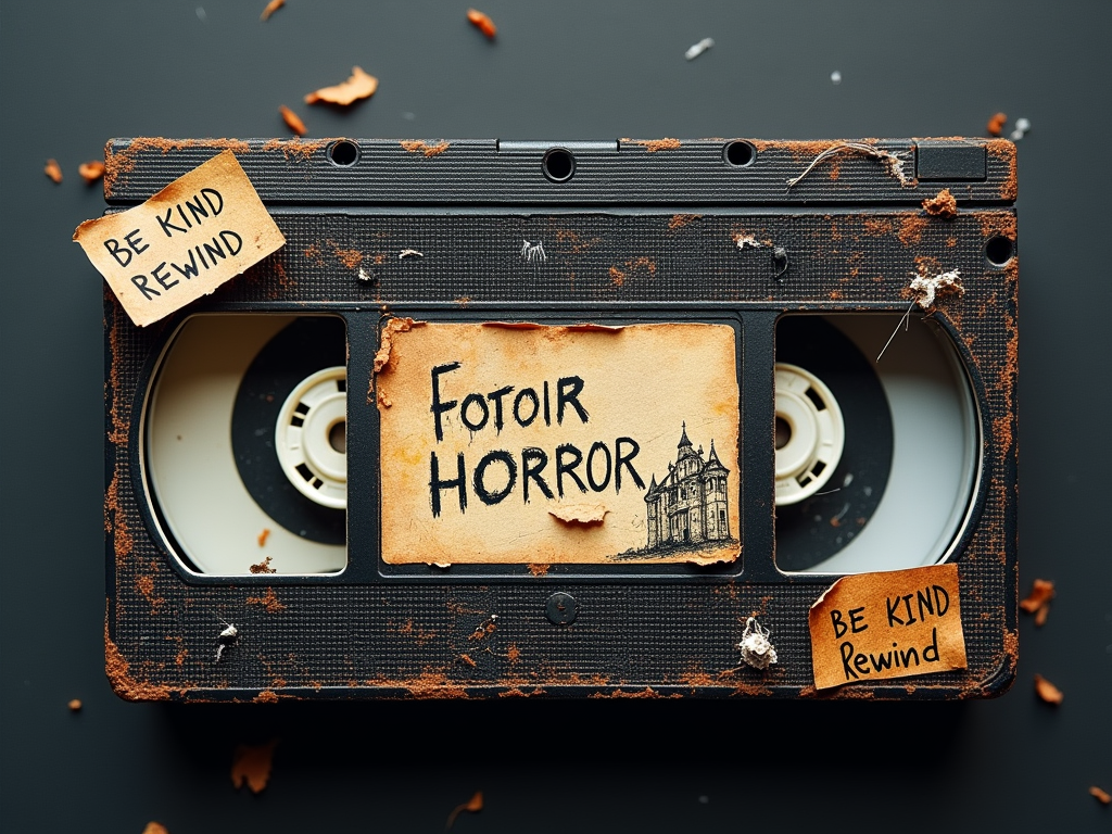 Design mimicking a worn VHS tape label for a fictional horror or cult film, complete with 'Be Kind Rewind' stickers, handwritten titles, and authentic wear-and-tear graphics.