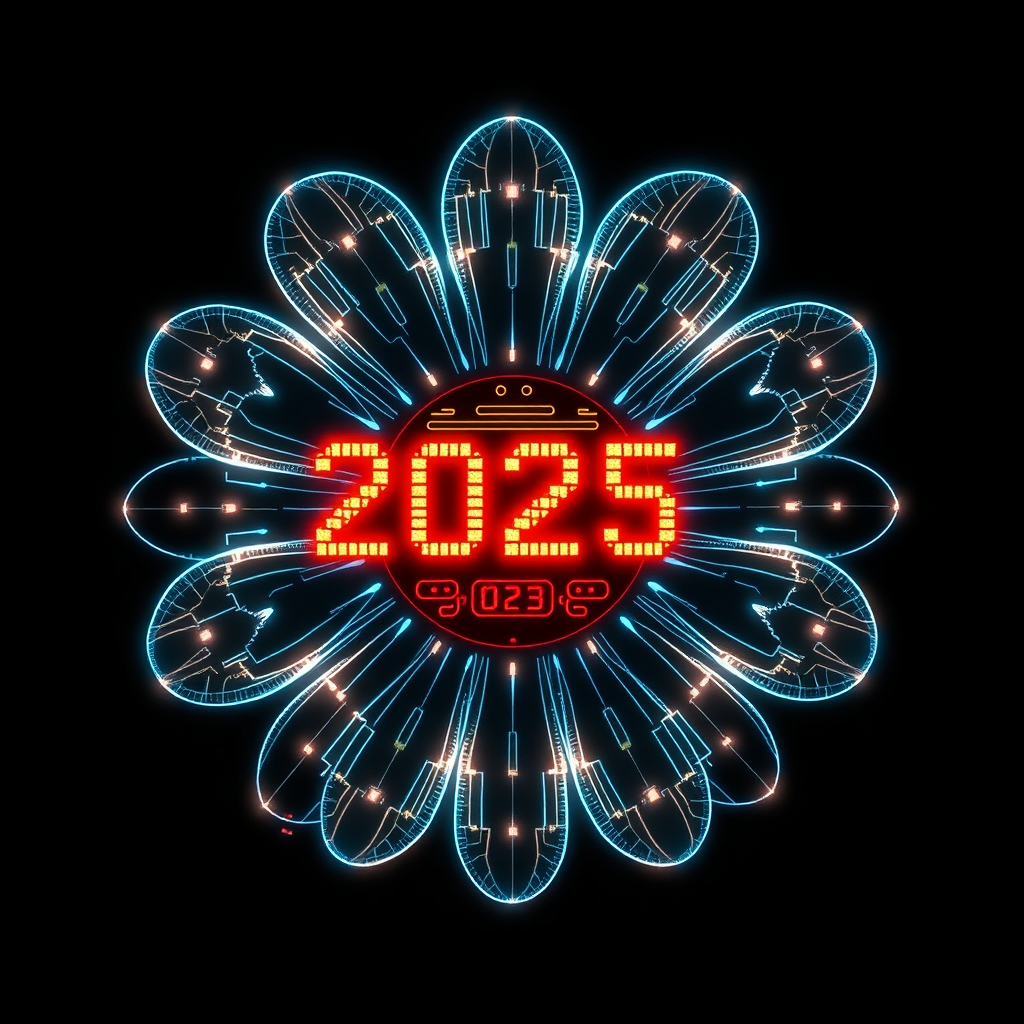 Sub-Design Idea 2: 'Kinetic Grid Daisy' - The daisy outline is formed from a dynamic grid of light, with nodes that pulse energy. Circuit patterns overlay this grid, and '2025' appears as if displayed on a futuristic HUD element integrated into the daisy's center.