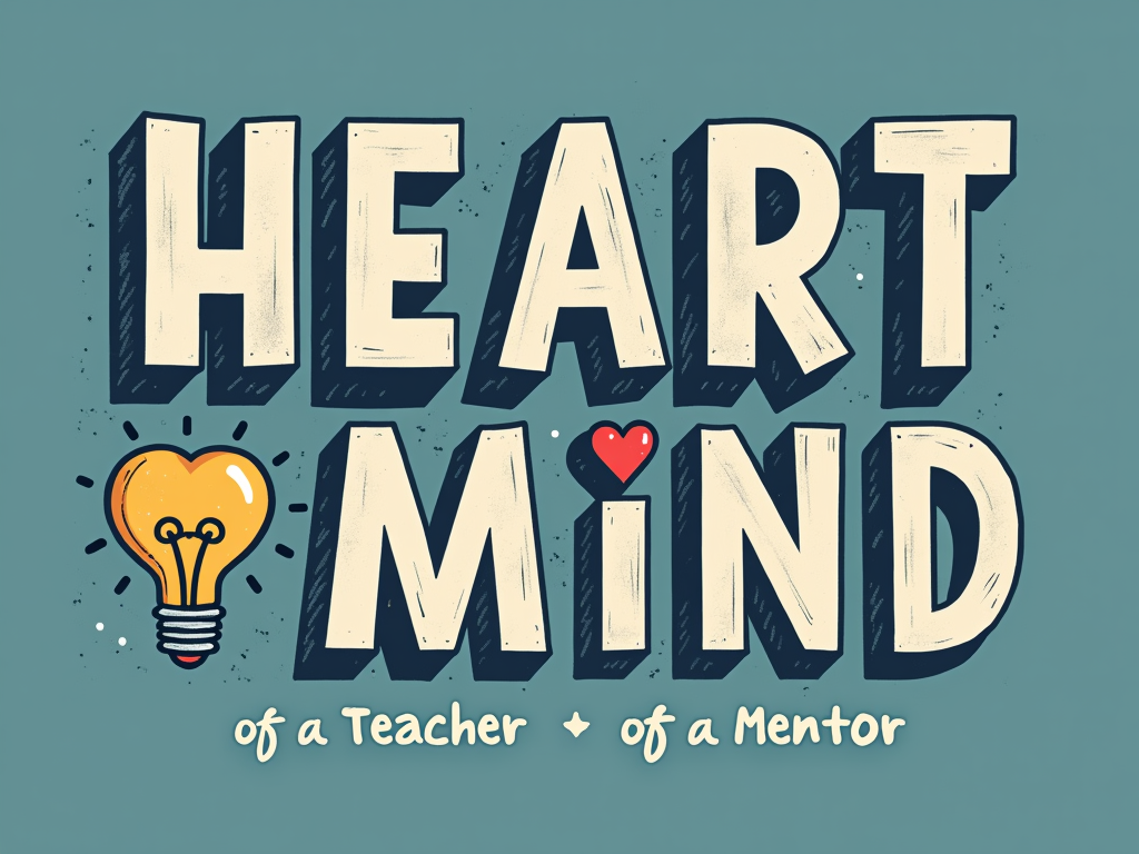 Design Idea 4 (Typography Focus): The words 'HEART' and 'MIND' are the most prominent. The 'O' in HEART could be a small heart shape itself, and the 'I' in MIND could be a simple line drawing of a lightbulb. The supporting phrases 'of a Teacher' and 'of a Mentor' are in a smaller, complementary font.