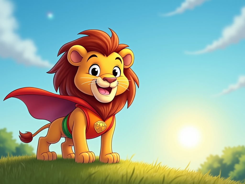 A friendly lion with a big smile, wearing a superhero costume with a simple emblem on its chest, designed for young children.