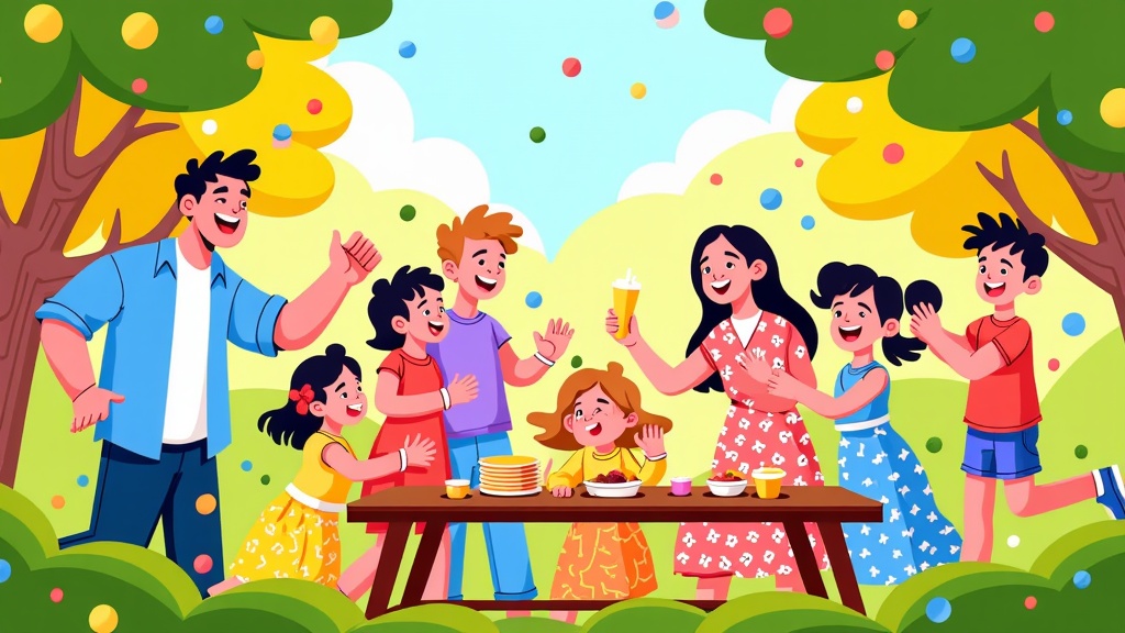  a group of children and a family having a picnic in a park. The family is gathered around a wooden table in the middle of the park, with two large trees on either side. The trees have colorful leaves and branches, and the ground is covered in green grass. The sky is blue with white clouds.  In the center of the image, there is a young girl sitting at the table with a plate of food in front of her. She is wearing a pink dress and has a big smile on her face. Next to her, there are two boys and two girls, one wearing a blue shirt and the other wearing a red shirt. They are all holding glasses of orange juice and appear to be having a good time. The boy on the left is standing with his arms raised in the air, while the girl on the right is sitting on the ground with her hands up in a celebratory gesture. The other two boys are standing behind her, also smiling and looking at the girl in the pink dress. They both have happy expressions on their faces and seem to be enjoying the picnic.