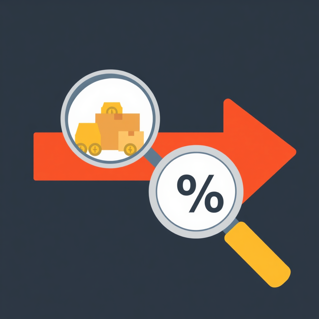 Sub-Design 3 (Magnifying Glass & Flow): An arrow showing goods flowing outwards, with a magnifying glass positioned over it (control/inspection) and a '%' symbol nearby.