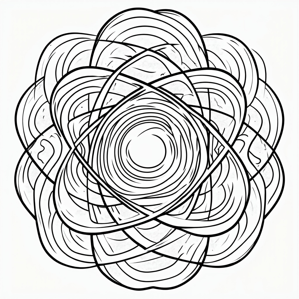 Superposed Energy Levels: An atom shown with its nucleus, and electrons visualized not in single orbits, but as vibrant, overlapping clouds or wave patterns occupying multiple possible energy levels or locations simultaneously around the nucleus, each layer or wave distinct for coloring.