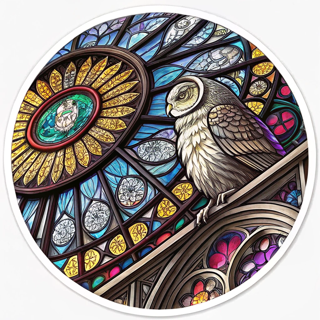 A circular sticker featuring a close-up of one of the iconic 'stained glass' window elements from the Kinetic Cathedral, with intricate psychedelic patterns and possibly an owl motif, rendered in luminous, multi-faceted colors.