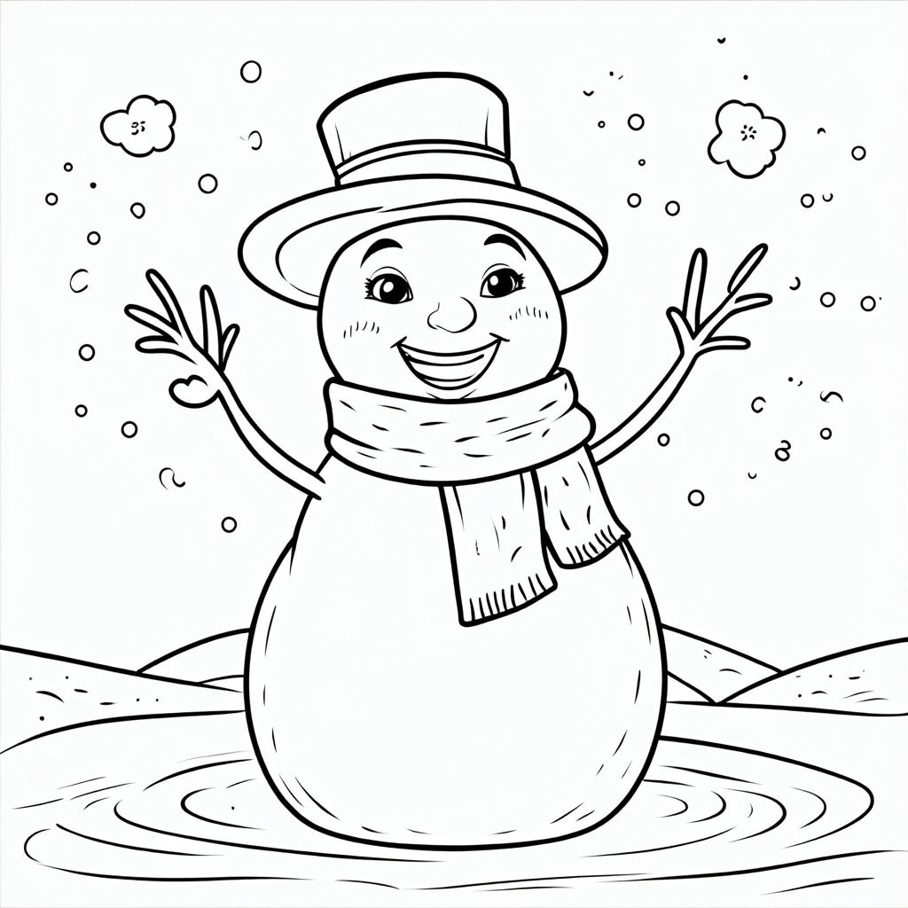 The image shows a snowman wearing a hat and scarf, surrounded by a wintery landscape of snowflakes falling from the sky. The snowman is sketched in black and white, with a watermark in the bottom right corner. It is a free printable coloring page, perfect for the winter season.