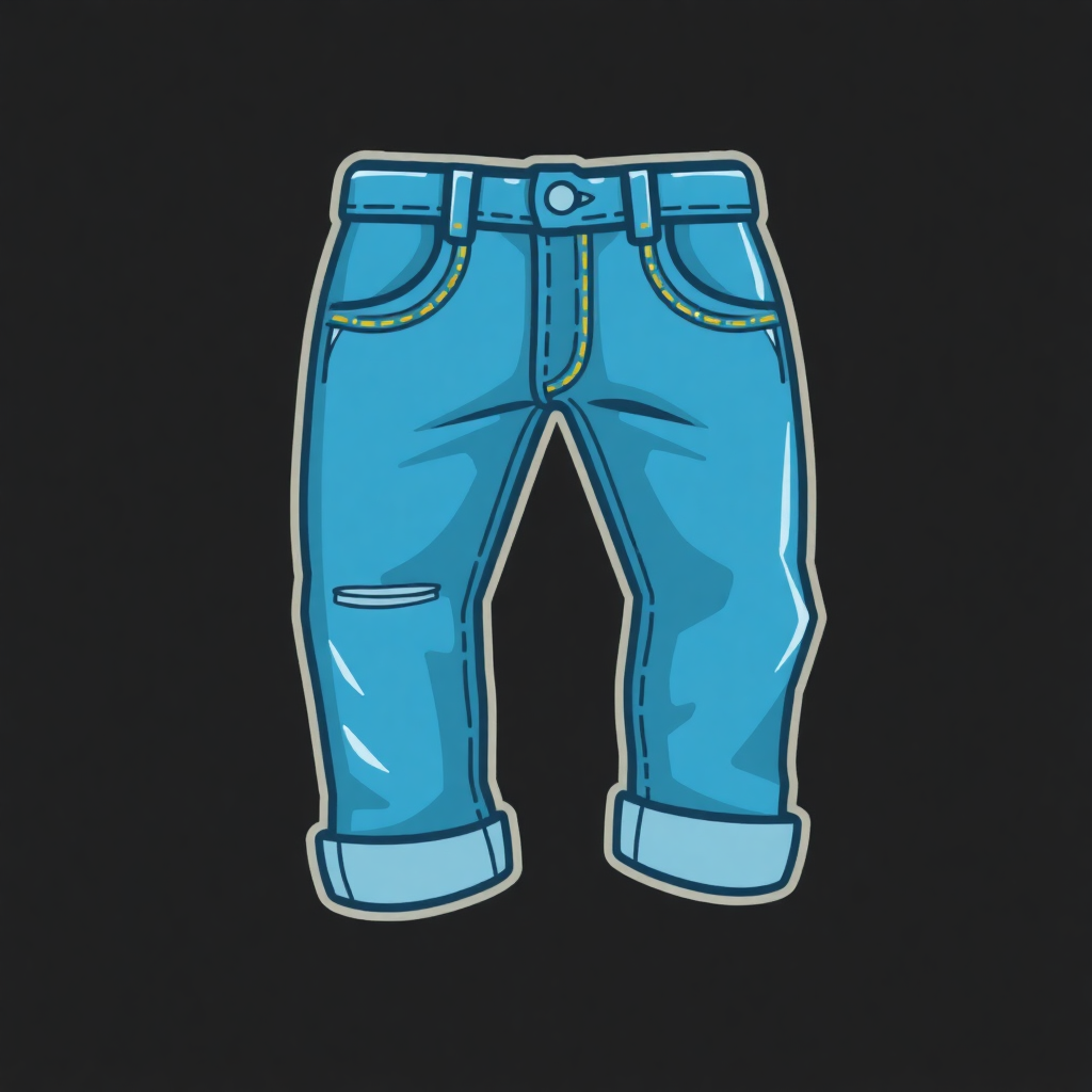 The image is a pair of blue jeans. The jeans are drawn in a cartoon-like style with a simple and minimalistic design. The front of the jeans has a button and zipper closure, and there are two pockets on the sides. The waistband is adjustable with a belt loop, and the jeans appear to be made of a denim-like material. The background is black, making the blue jeans stand out.