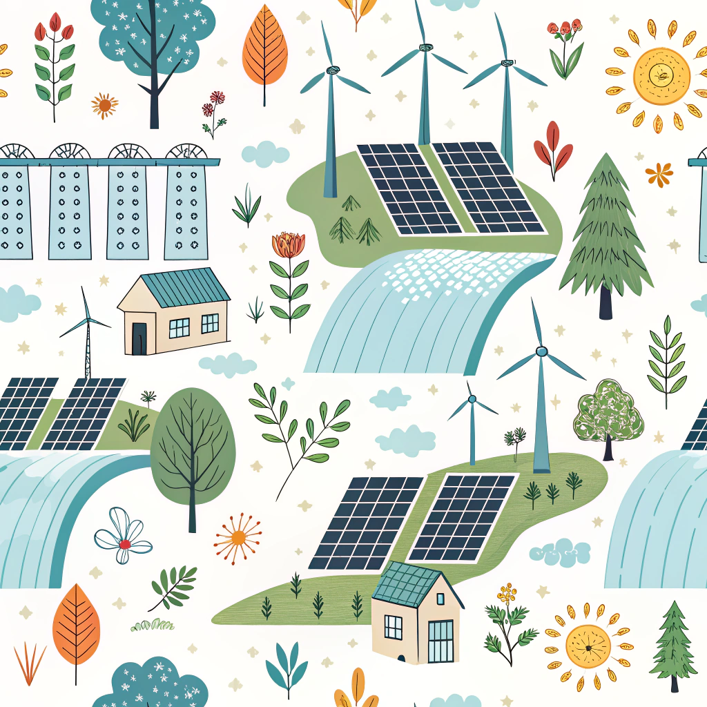 A dynamic pattern showcasing various renewable energy sources like solar panels, wind turbines, and hydropower, integrated into a harmonious design to promote understanding of clean energy alternatives.