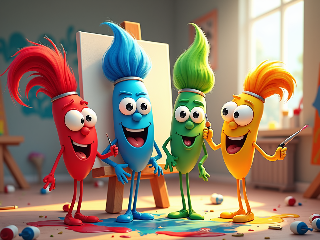 The main characters are paintbrushes with different color bristles, each having a unique personality and set of skills, collaborating to overcome obstacles using their artistic abilities.