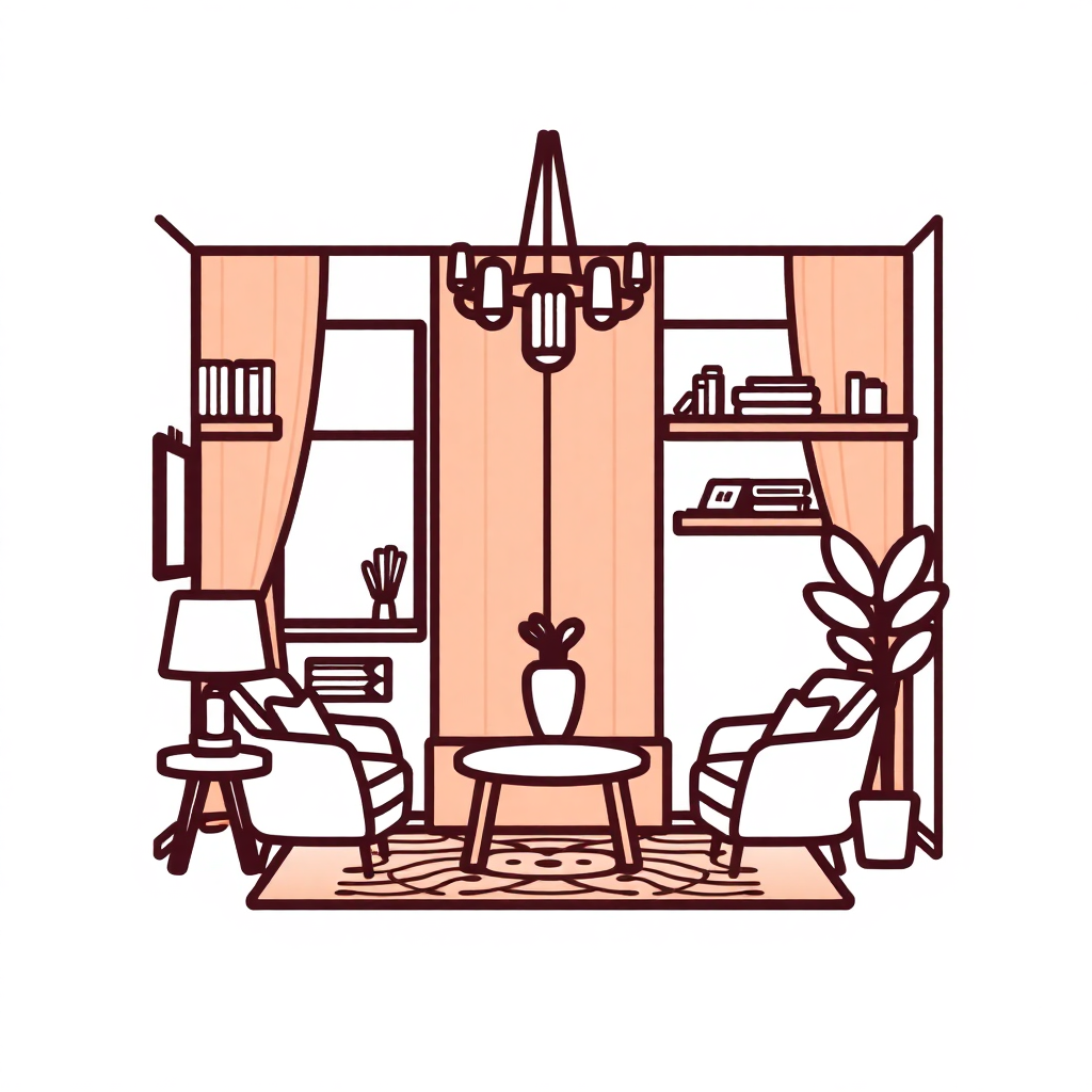 The image is an illustration of a living room with a chandelier hanging from the ceiling. The room has a large window with sheer curtains, a bookshelf on the right side, and a small table with a vase of flowers on it in the center. There are two armchairs on either side of the table, one with a lamp and the other with a plant. The floor is covered with a patterned rug. The overall style of the room is modern and minimalistic.