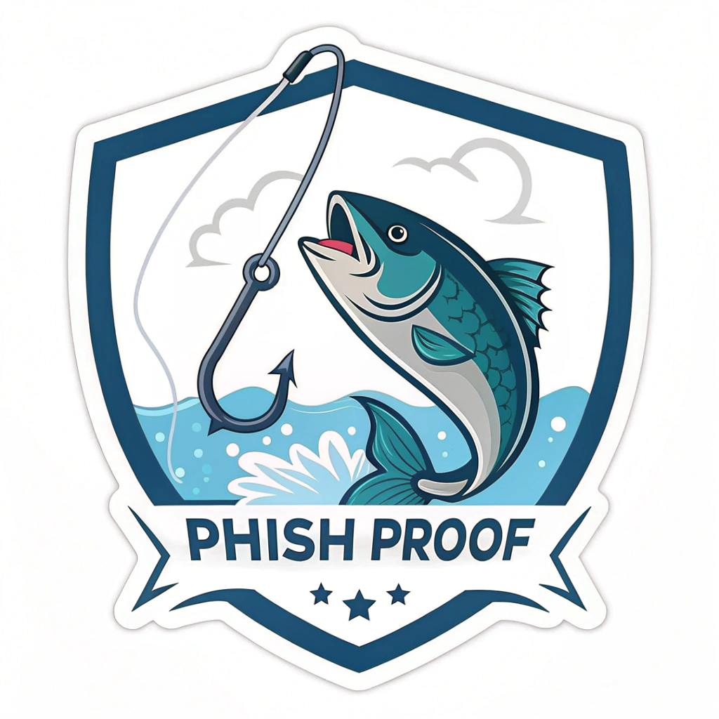 Shield & Hook Break: A strong shield icon visibly breaking or deflecting a fishing hook. Text example: 'Phish Proof' or 'Block the Hook'.