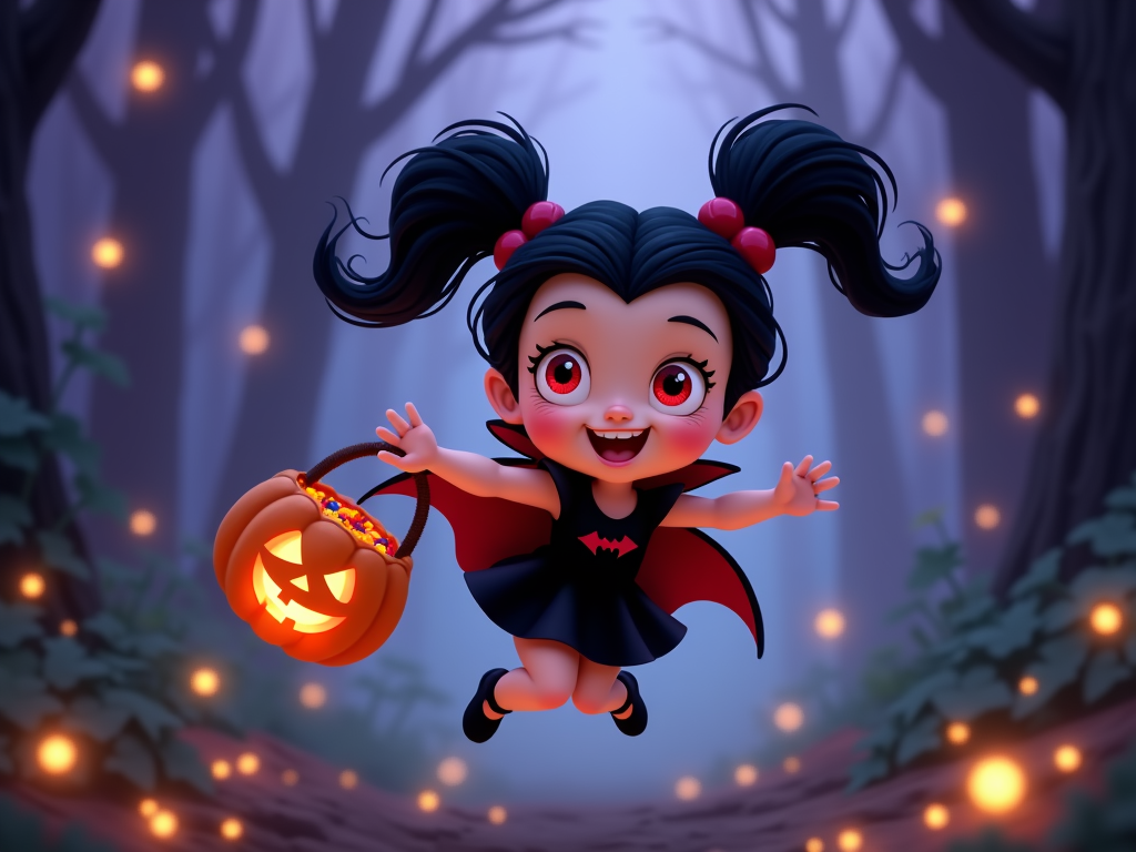 The image is a digital illustration of a cute little girl dressed up as a vampire. She has black hair styled in two pigtails with red bows on top. She is wearing a black dress with a red cape and has a big smile on her face. The girl is holding a pumpkin in her hand and is flying through the air with her arms outstretched. The background is a dark forest with trees and fairy lights hanging from the trees. The overall mood of the image is spooky and Halloween-themed.