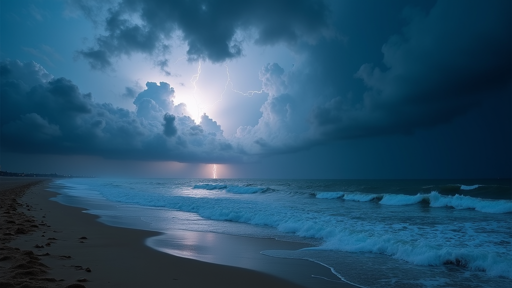 A captivating wallpaper showcasing a thunderstorm over a serene beach. Monstrous clouds gather as lightning strikes illuminate the sands, momentarily turning night into day. The waves crash fiercely onto the shore, in sync with the storm's unruly beat. This image captures the blend of tranquility and turmoil between land and sea.