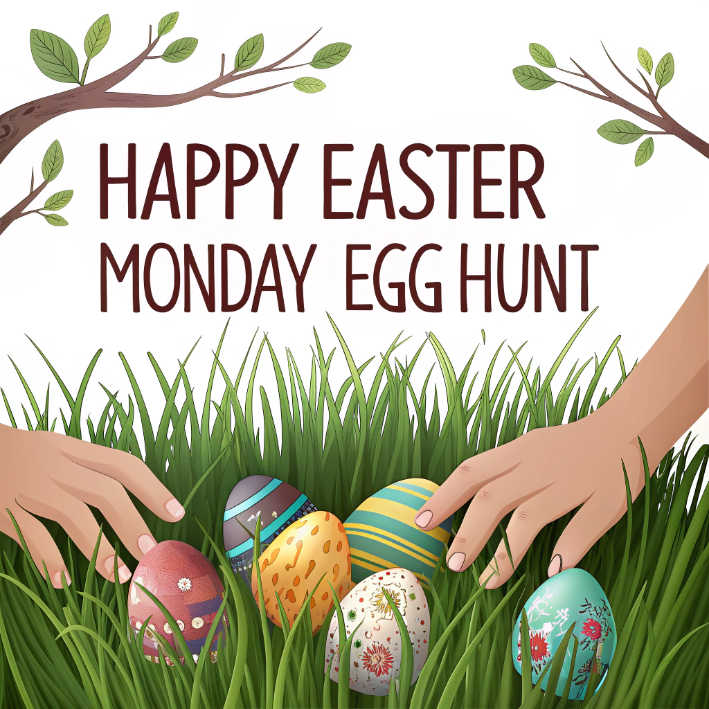 Design a sticker with a close-up of hands digging in grass or soil to find Easter eggs, with the phrase 'Happy Easter Monday Egg Hunt'.