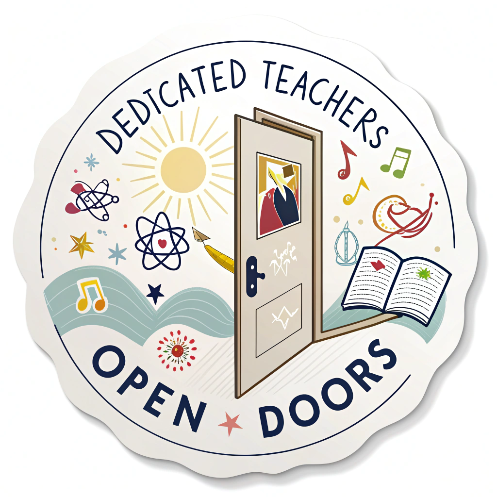 Sticker Design 4: 'Open Door to Discovery'. An illustration of a slightly ajar door with bright light and symbols of learning (e.g., atoms, musical notes, art palette) streaming out. The phrase 'Dedicated Teachers Open Doors' is integrated.