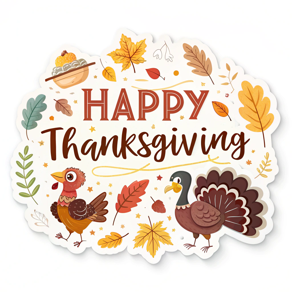 The image shows a poster with a white background featuring a happy Thanksgiving sticker with two turkeys and leaves. The text reads 