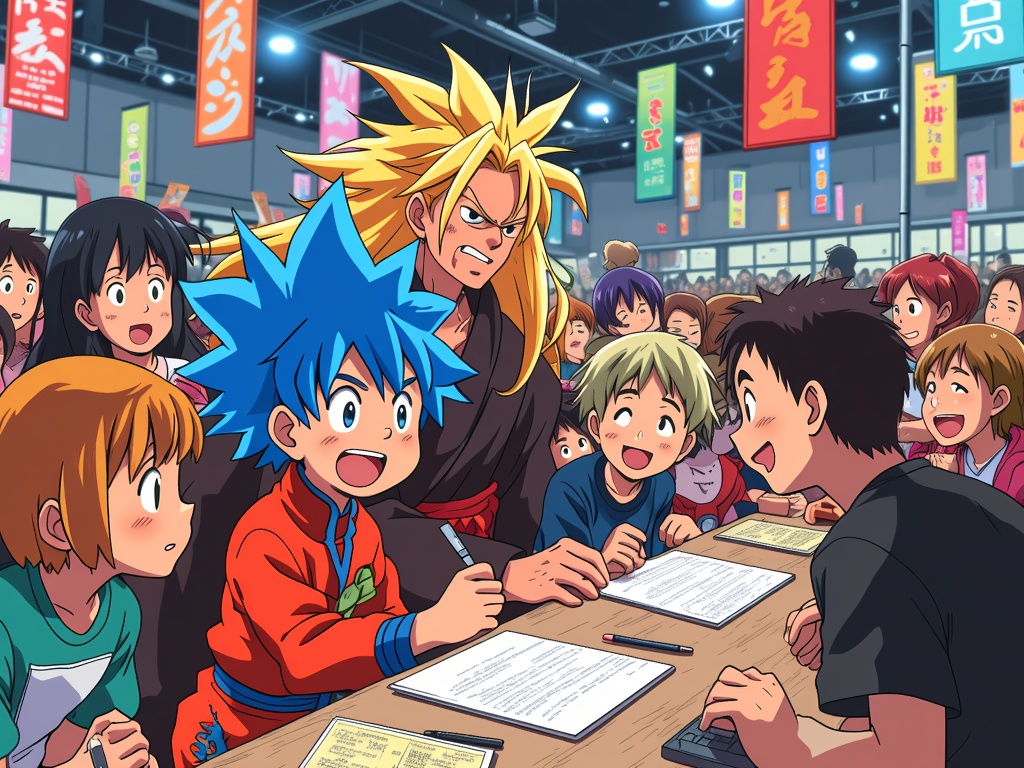 Autograph Alley Antics: Show beloved anime characters at a signing booth, interacting warmly with fans queuing for autographs, some characters looking overwhelmed, others reveling in the attention.