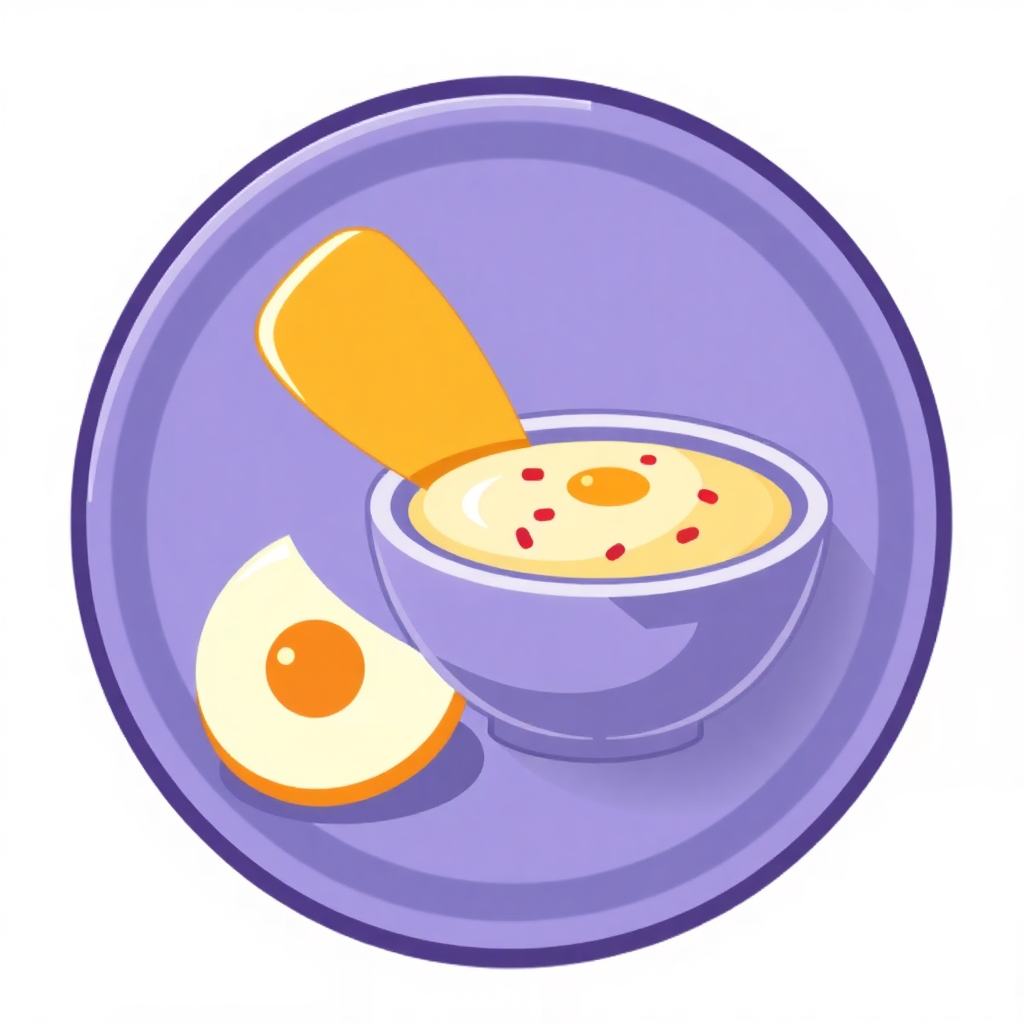 The image shows a purple plate with a bowl of soup and an egg on it. The bowl is filled with a creamy soup and the egg is cut in half, with a spoon resting on the side.